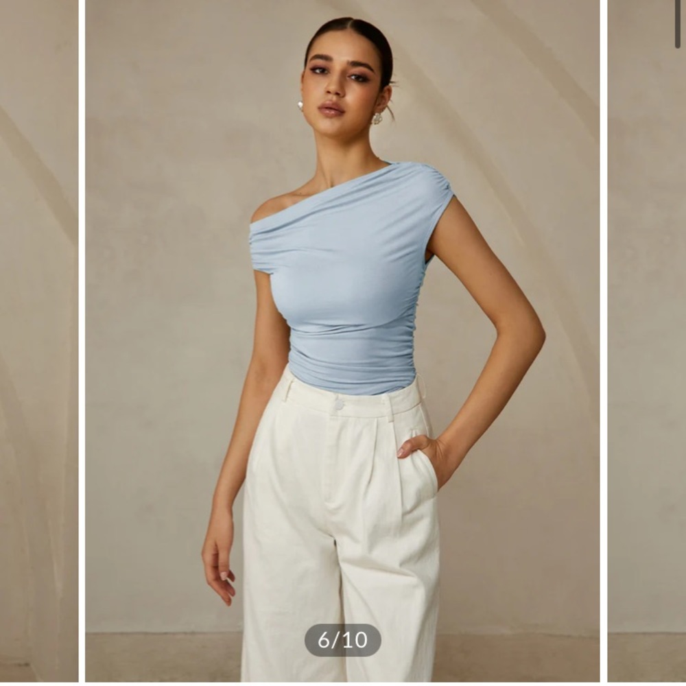 Commense Asymmetrical Neck Sleeveless T-Shirt, Light Blue XS